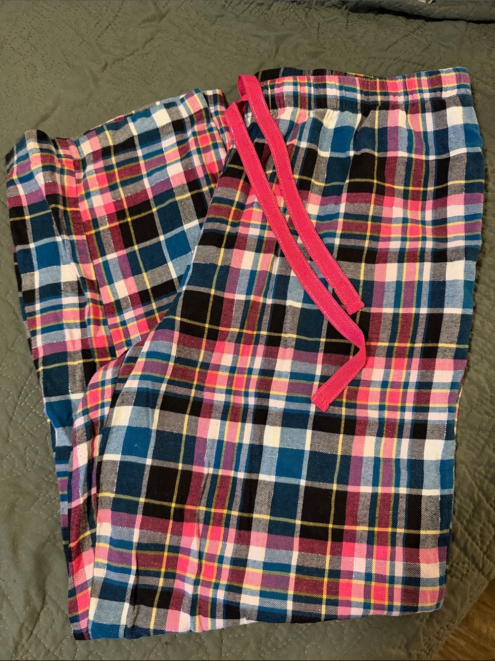 Plaid Pajama Pants with Pink Drawstring